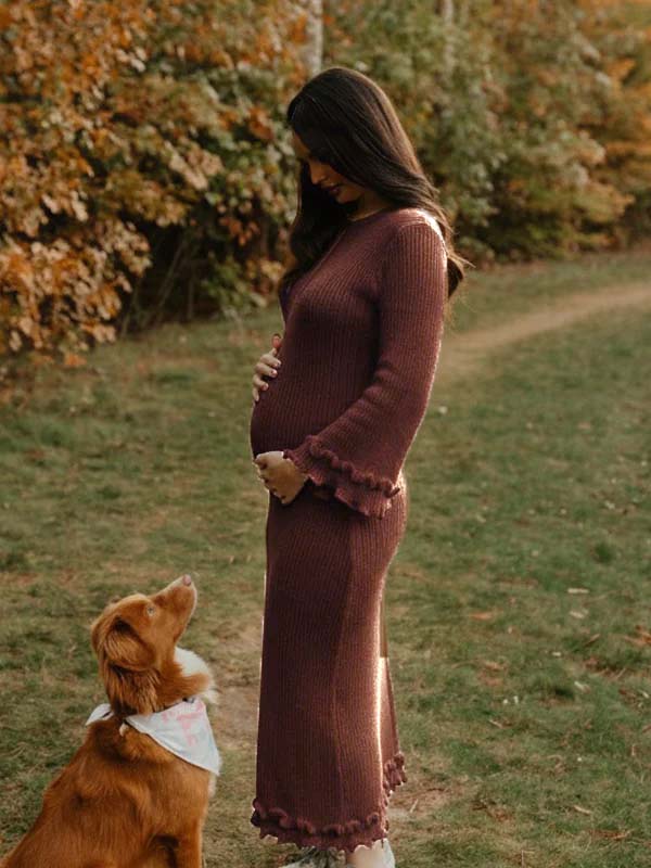 Momsmood Brown Knit Ruffle Backless Flare Sleeve Maternity Maxi Dress