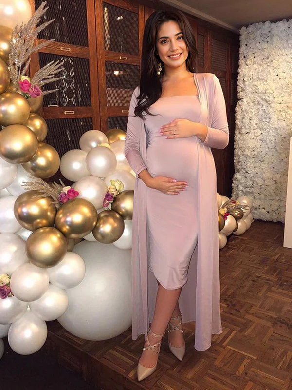 Momsmood Maternity Two Piece Glitter Pink 2-in-1 Bodycon Elegant Baby Shower Work Midi Dress