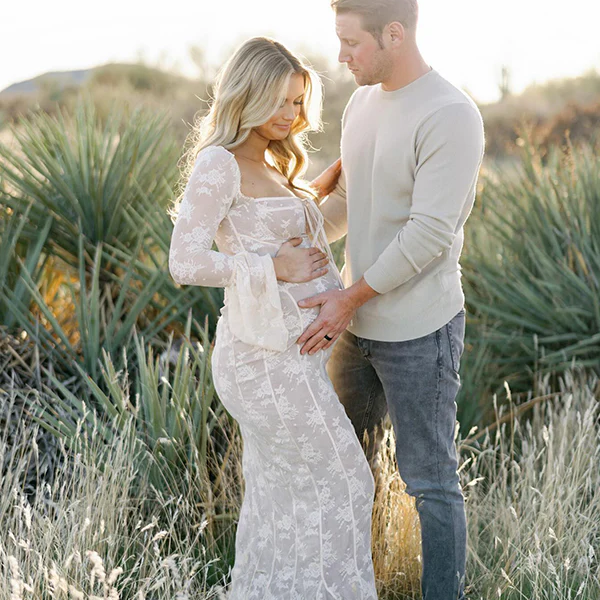 Momsmood White Lace Corset Square Neck Flare Sleeve Off Shoulder Bodycon Maternity Maxi Dress/Gown