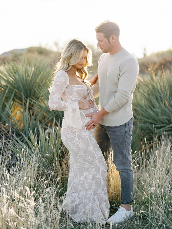 Momsmood White Lace Corset Square Neck Flare Sleeve Off Shoulder Bodycon Maternity Maxi Dress/Gown