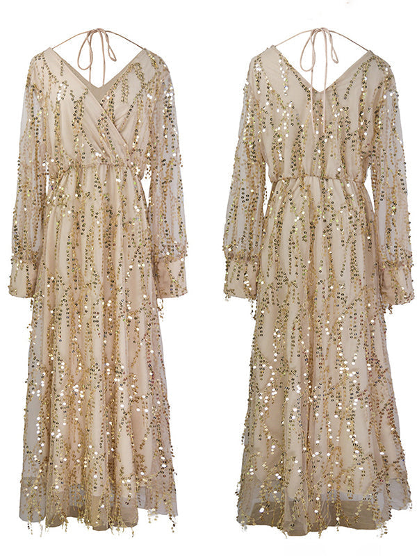 Momsmood Apricot Sequin Tassel Tulle Ruched Cross Chest Multi Way Tie Back V-neck Elegant Boho Photoshoot Maternity Maxi Dress