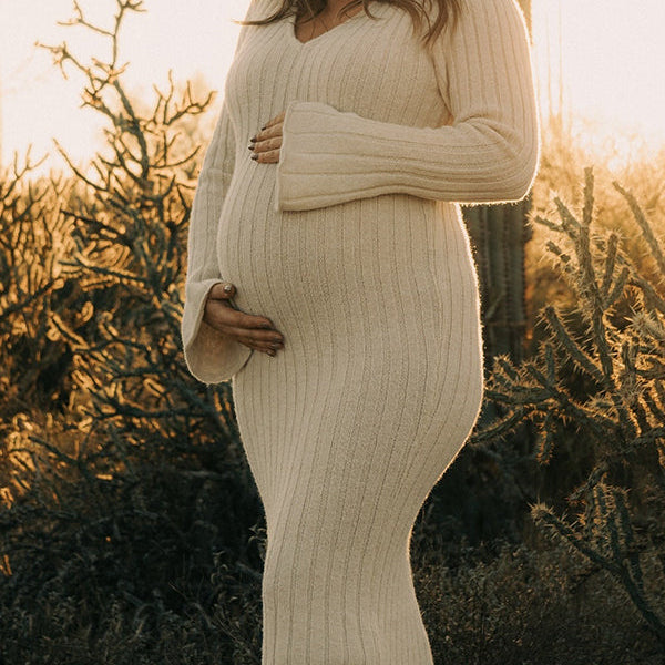 Momsmood Apricot Knitting V-Neck Bodycon Long Sleeve Photoshoot Maternity Sweater Maxi Dress