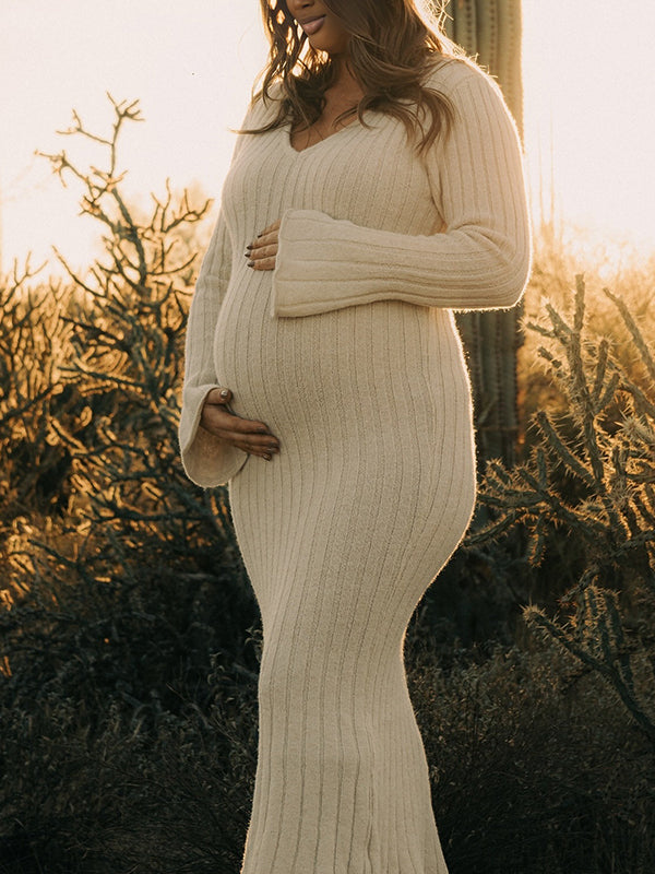 Momsmood Apricot Knitting V-Neck Bodycon Long Sleeve Photoshoot Maternity Sweater Maxi Dress