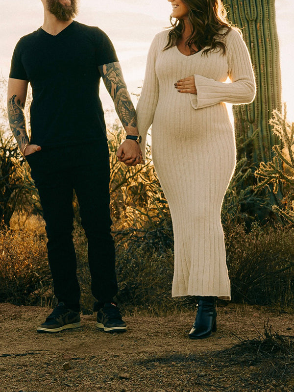 Momsmood Apricot Knitting V-Neck Bodycon Long Sleeve Photoshoot Maternity Sweater Maxi Dress