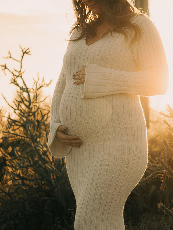 Momsmood Apricot Knitting V-Neck Bodycon Long Sleeve Photoshoot Maternity Sweater Maxi Dress