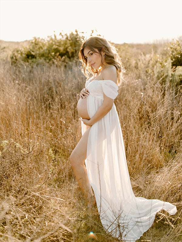 Momsmood Off-shoulder Grenadine Cross Chest Maternity Dresses For Photoshoot Maxi Dress