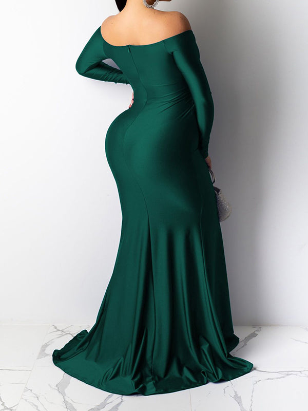 Momsmood Christmas Green Off Shoulder Long Sleeve High Split Bodycon Solid Baby Shower Evening Gown Maternity Maxi Dress