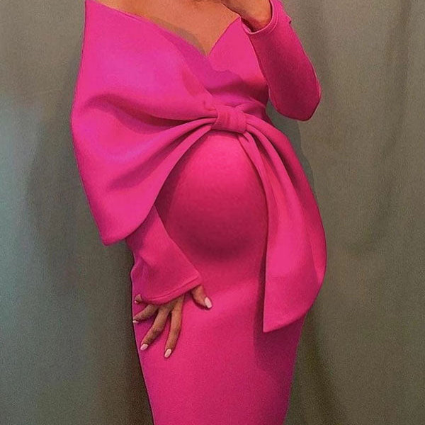 Momsmood Hot Pink Off Shoulder Irregular Ruffle Bowknot V-Neck Long Sleeve Slit Bodycon Party Baby Shower  Plus Size Maternity Maxi Dress