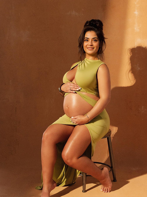 Momsmood Olive Cut Out Irregular Split Ruffle Side Slit Bodycon Chic Photoshoot Maternity Maxi Dress