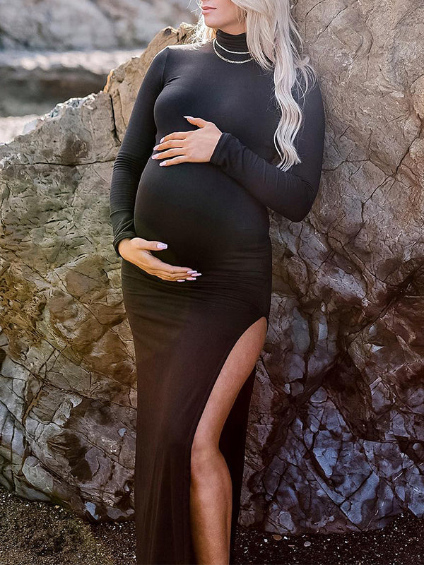 Momsmood Black High Neck Side Slit Bodycon Long Sleeve Baby Shower Maternity Maxi Dress