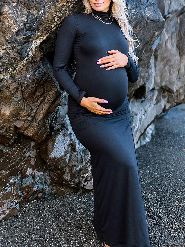 Momsmood Black High Neck Side Slit Bodycon Long Sleeve Baby Shower Maternity Maxi Dress