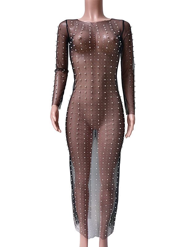 Momsmood Mesh Solid Color Beading Pearl Rhinestone Long Sleeve Cover-ups Side Slit Photoshoot Maternity Maxi Dress