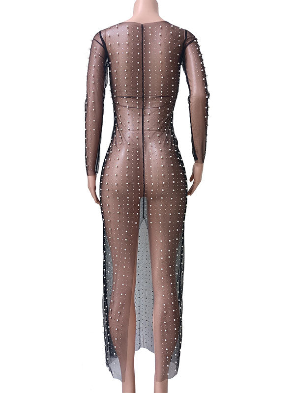 Momsmood Mesh Solid Color Beading Pearl Rhinestone Long Sleeve Cover-ups Side Slit Photoshoot Maternity Maxi Dress