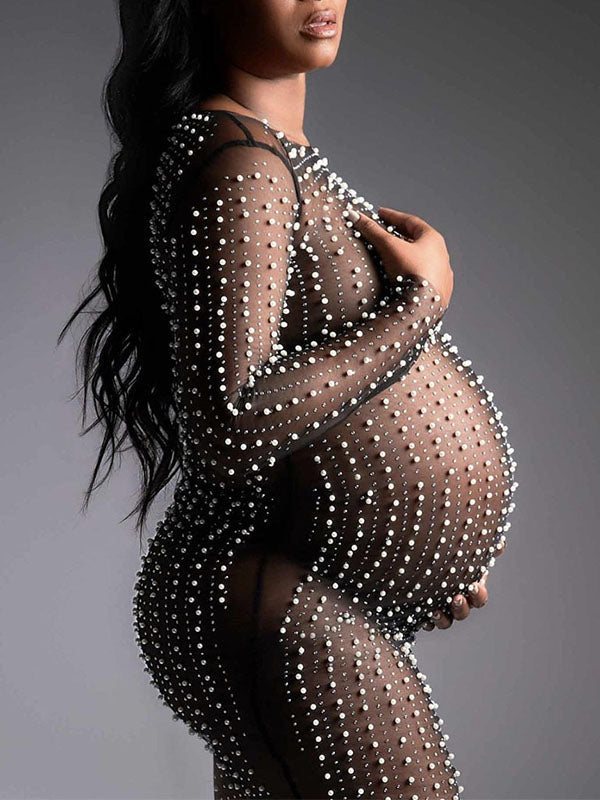 Momsmood Mesh Solid Color Beading Pearl Rhinestone Long Sleeve Cover-ups Side Slit Photoshoot Maternity Maxi Dress
