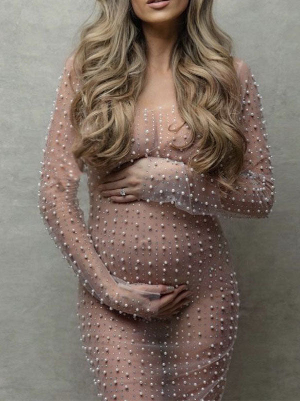 Momsmood Mesh Solid Color Beading Pearl Rhinestone Long Sleeve Cover-ups Side Slit Photoshoot Maternity Maxi Dress
