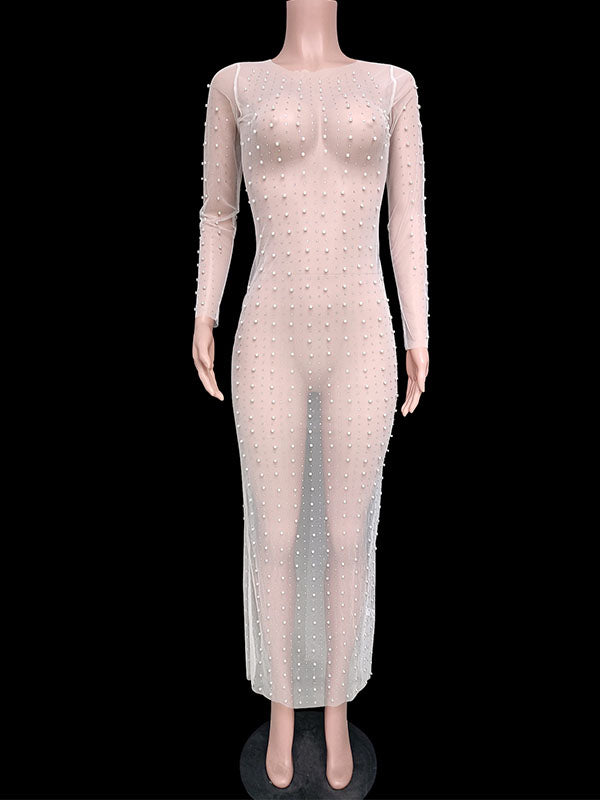 Momsmood Mesh Solid Color Beading Pearl Rhinestone Long Sleeve Cover-ups Side Slit Photoshoot Maternity Maxi Dress