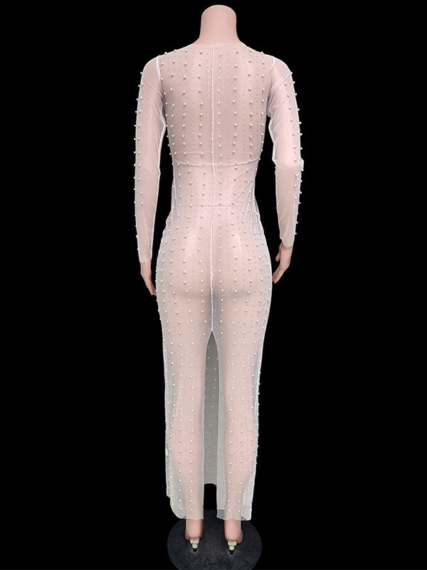 Momsmood Mesh Solid Color Beading Pearl Rhinestone Long Sleeve Cover-ups Side Slit Photoshoot Maternity Maxi Dress