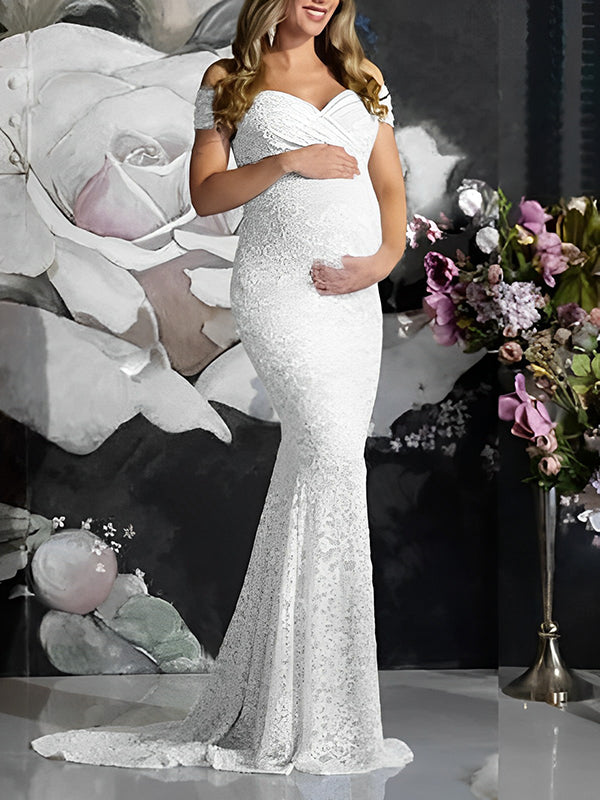 Momsmood Floral Lace Off Shoulder Mermaid PhotoShoot Baby Shower Pregnant Maternity Maxi Dress