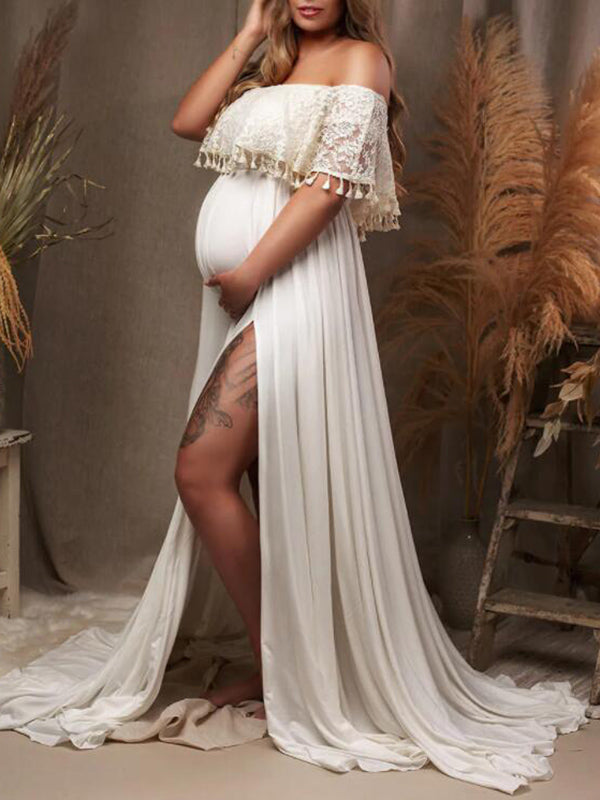 Momsmood Patchwork Lace Tassel Slit Photoshoot Pregnant Maternity Maxi Dress