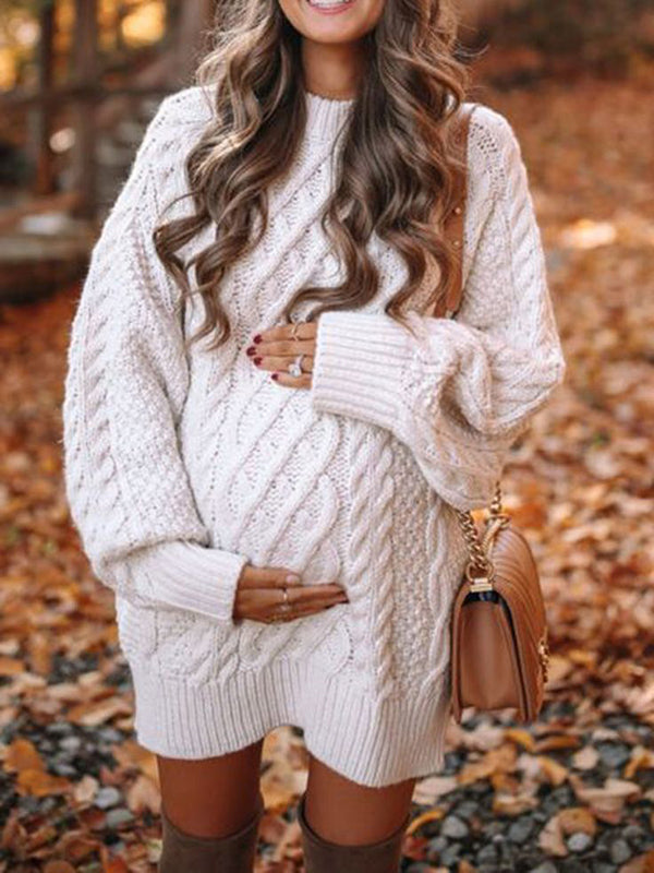 Momsmood White Oversized Cable Knitting Streetwear Mini Maternity Pullover Sweater