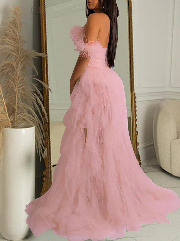 Momsmood Bandeau Off Shoulder Feather Tulle Tutu Grenadine Photoshoot Maternity Maxi Dress