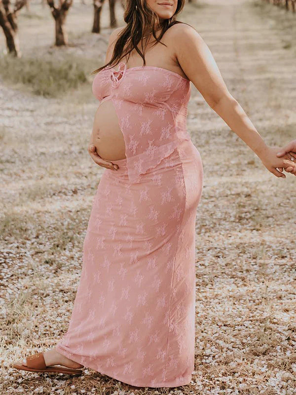 Momsmood 2 Piece Lace Tube Tie Ruffle Elegant Fashion Bodycon Vacation Photoshoot Baby Shower Maternity Maxi Dress