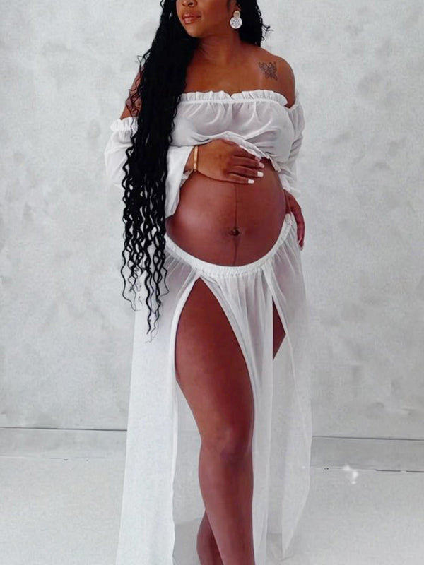 Momsmood Chic White Two Piece Falbala Slits On Both Sides Transparent Off Shoulder Flowy Beach Maternity Photoshoot Maxi Dress