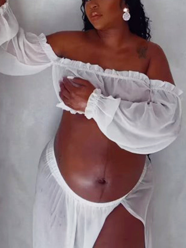 Momsmood Chic White Two Piece Falbala Slits On Both Sides Transparent Off Shoulder Flowy Beach Maternity Photoshoot Maxi Dress
