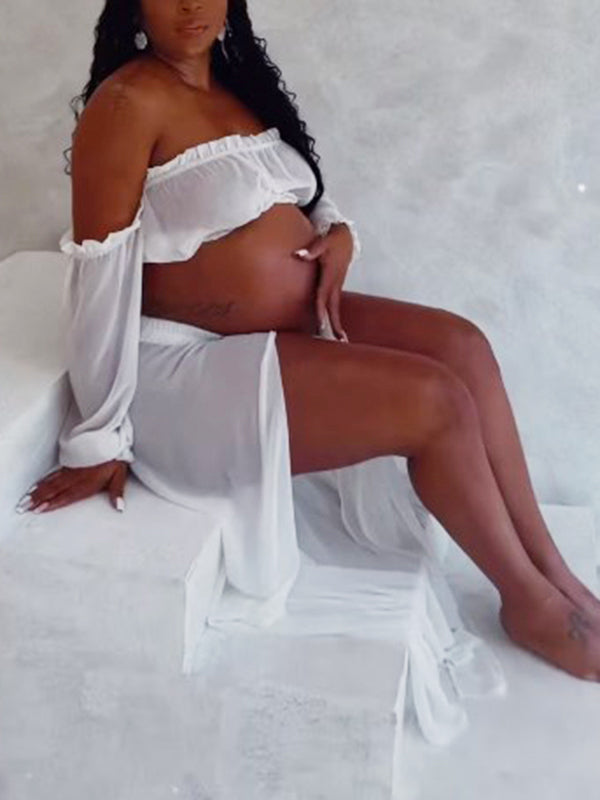 Momsmood Chic White Two Piece Falbala Slits On Both Sides Transparent Off Shoulder Flowy Beach Maternity Photoshoot Maxi Dress