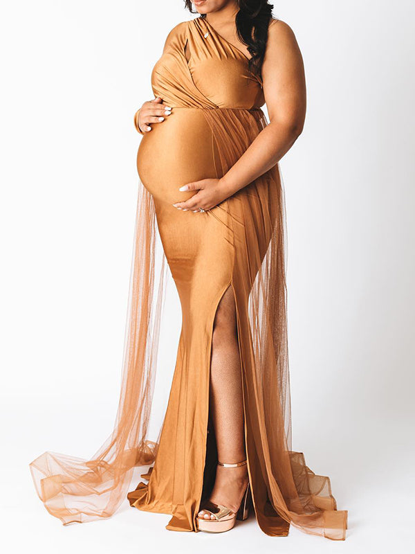 Momsmood Khaki One Shoulder Cut Out Tulle Train Side Slit Plus Size Maxi Maternity Photoshoot Dresses