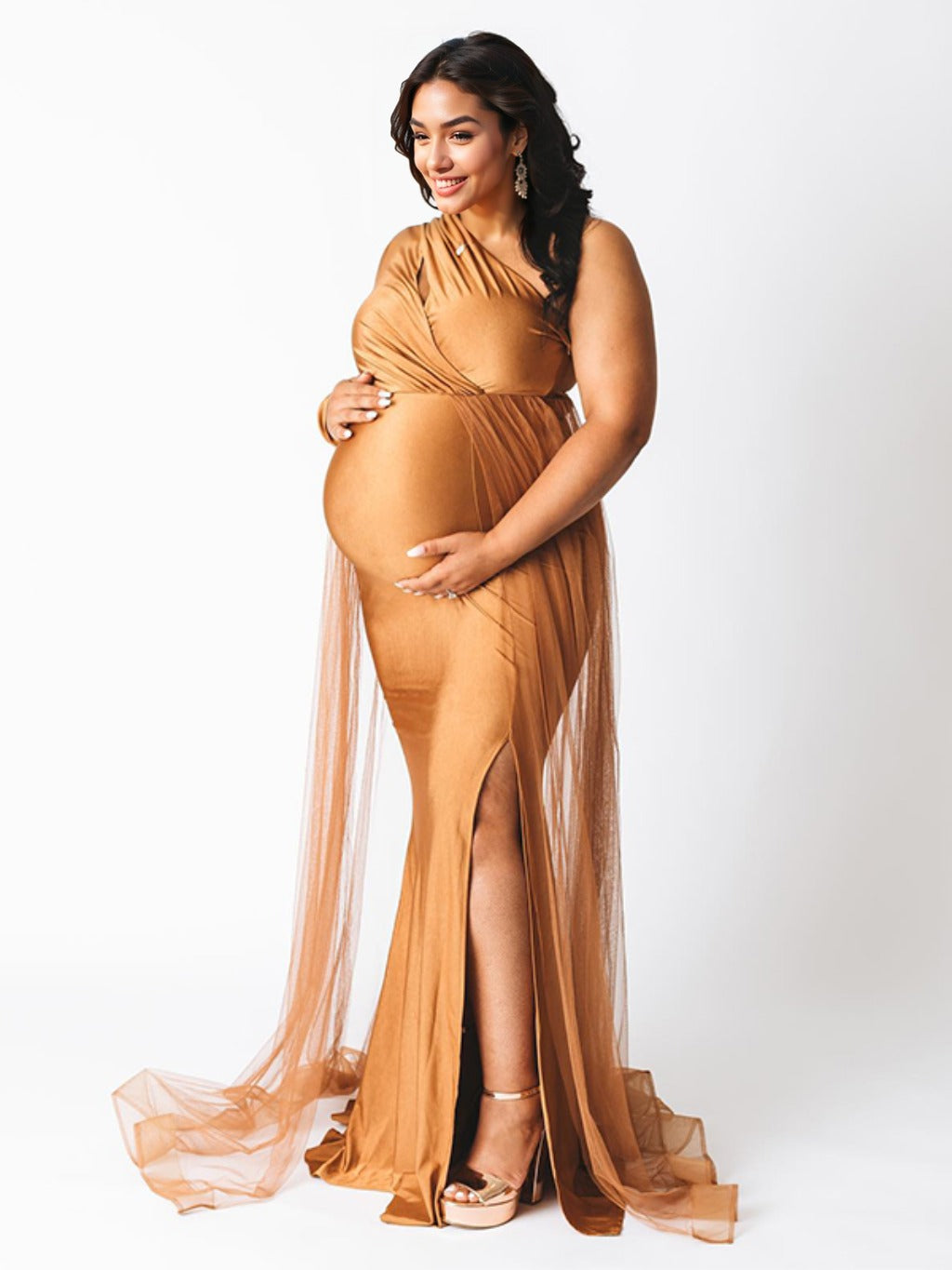 Momsmood Khaki One Shoulder Cut Out Tulle Train Side Slit Plus Size Maxi Maternity Photoshoot Dresses