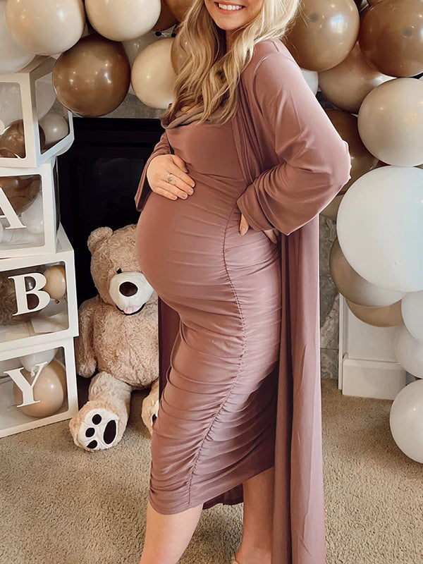 Momsmood Ruched Cowl Neck Two Piece Spaghetti Strap Long Dress And Duster Coat Long Sleeve Babyshower Maternity Maxi Dress