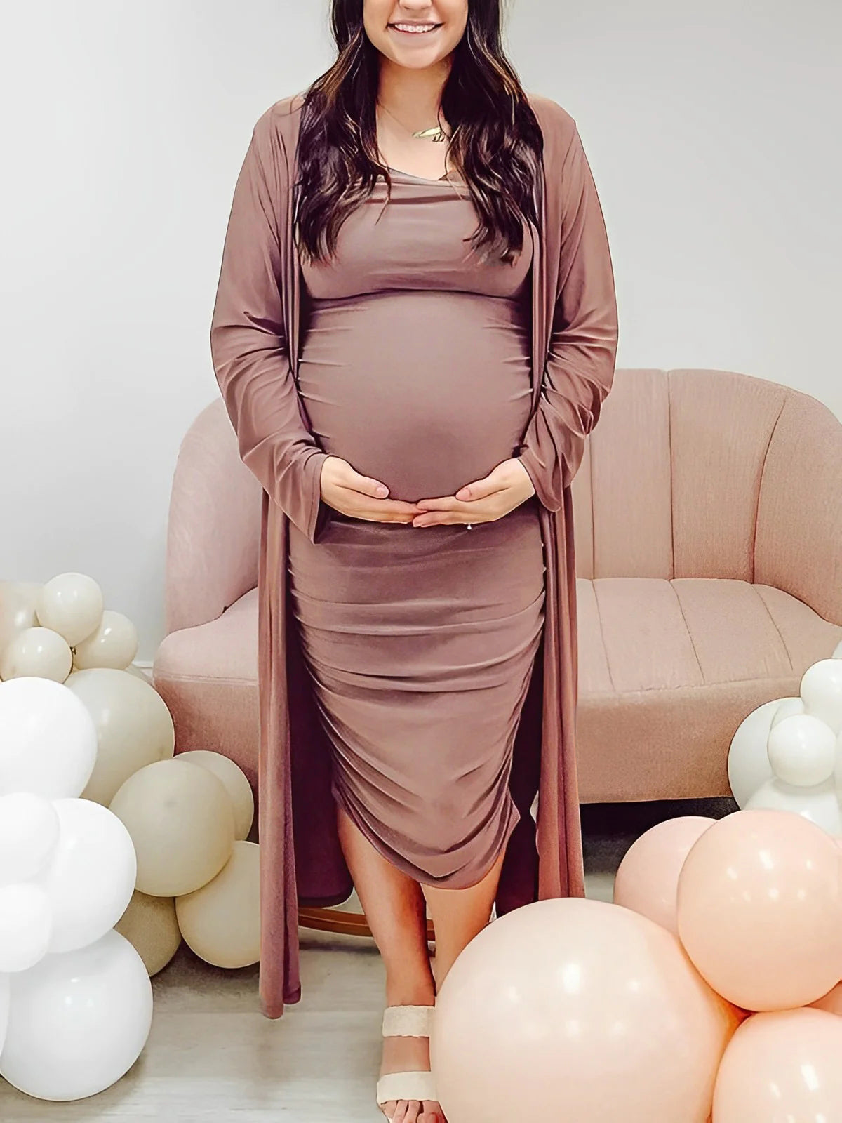 Momsmood Ruched Cowl Neck Two Piece Spaghetti Strap Long Dress And Duster Coat Long Sleeve Babyshower Maternity Maxi Dress