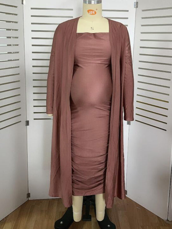 Momsmood Ruched Cowl Neck Two Piece Spaghetti Strap Long Dress And Duster Coat Long Sleeve Babyshower Maternity Maxi Dress