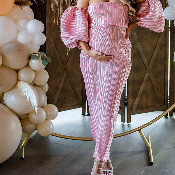 Momsmood Pink Off Shoulder Bandeau Ribbed  Pleated Bodycon Puff Sleeve Evening Gown Baby Shower Maternity Maxi Dress