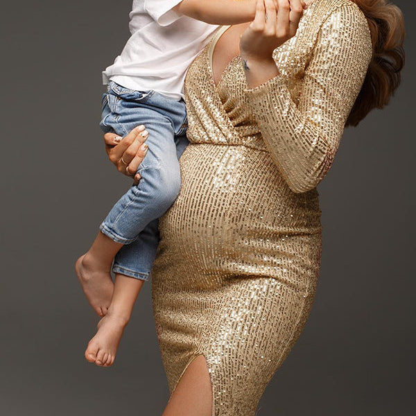 Momsmood Golden Glitter Sequin Side Slit V-neck Elegant Eevning Gown Maternity Photoshoot Baby Shower Party Maxi Dress