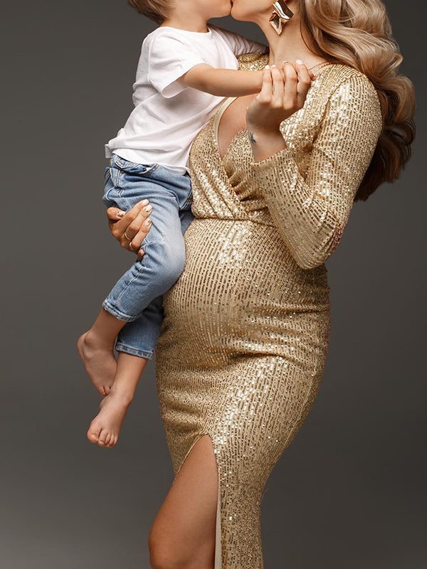 Momsmood Golden Glitter Sequin Side Slit V-neck Elegant Eevning Gown Maternity Photoshoot Baby Shower Party Maxi Dress