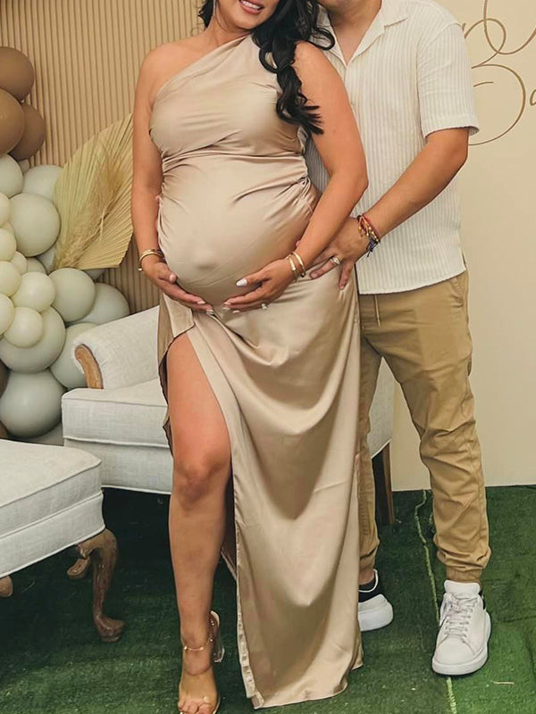 Momsmood Champagne One Shoulder Backless Side Slit Satin Evening Babyshower Maternity Maxi Dress