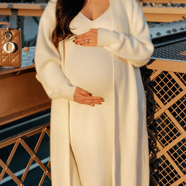 Momsmood White Knitting  V-Neck Bodycon Two Pieces Cardigan Elegant Baby Shower Maternity Maxi Sweater Dress