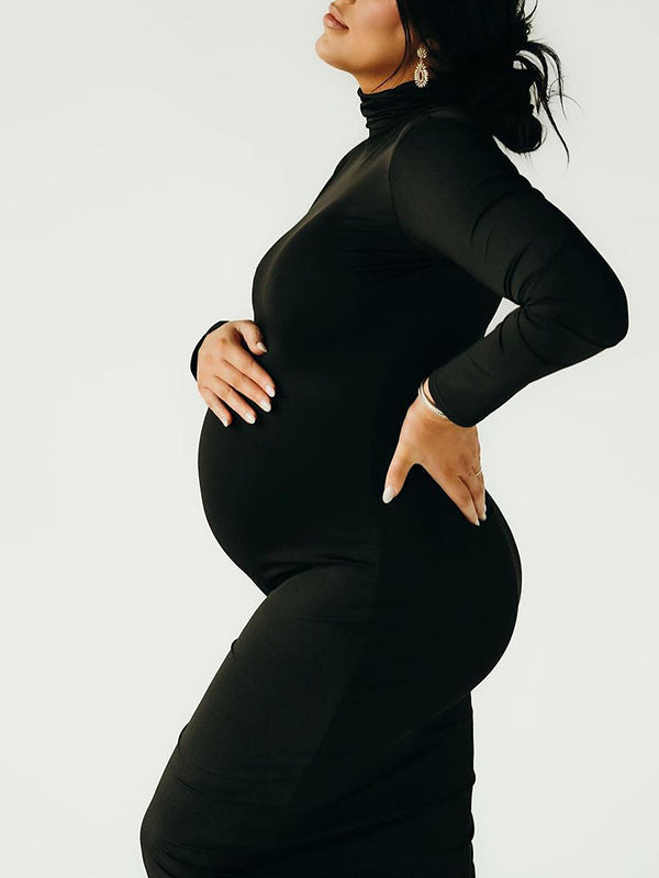 Momsmood Solid Color High Neck Bodycon Mermaid Photoshoot Maternity Maxi Dress