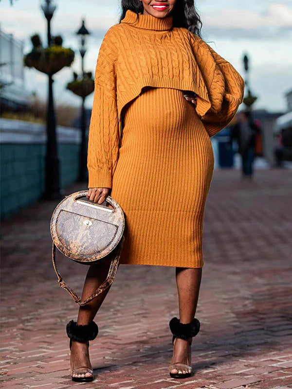 Momsmood Solid Color Knitting 2-in-1 Bodycon Baby Shower Maternity Sweater Midi Dress