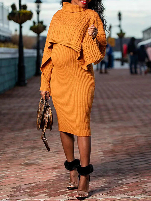 Momsmood Solid Color Knitting 2-in-1 Bodycon Baby Shower Maternity Sweater Midi Dress