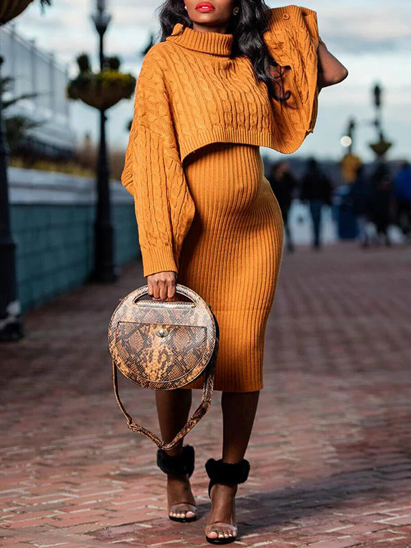 Momsmood Solid Color Knitting 2-in-1 Bodycon Baby Shower Maternity Sweater Midi Dress