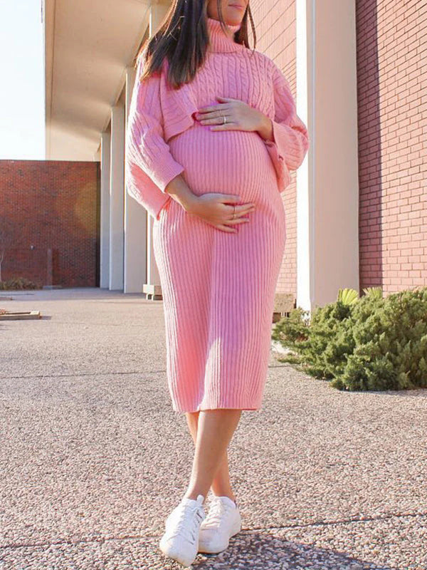 Momsmood Solid Color Knitting 2-in-1 Bodycon Baby Shower Maternity Sweater Midi Dress