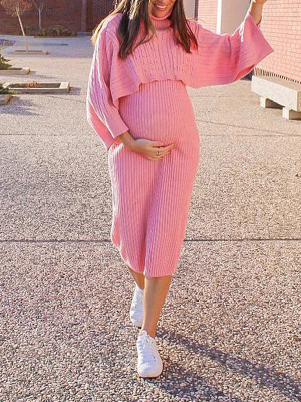 Momsmood Solid Color Knitting 2-in-1 Bodycon Baby Shower Maternity Sweater Midi Dress