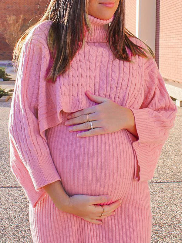 Momsmood Solid Color Knitting 2-in-1 Bodycon Baby Shower Maternity Sweater Midi Dress