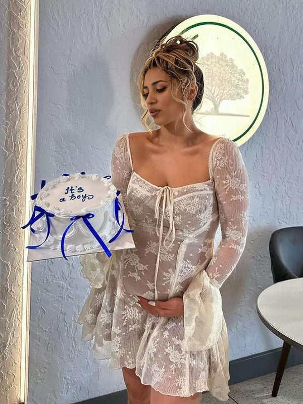 Momsmood White Lace Off Shoulder Bow Drawstring Ruffle Flare Sleeve Baby Shower Maternity Mini Dress