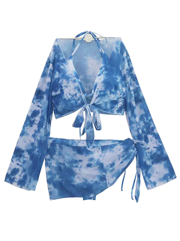 Blue Tie-Dye 3-Piece Maternity Bikini Set Halter Neck Lace-Up Backless Swimwear