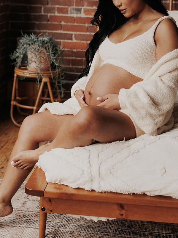 Momsmood Ivory Three-piece Cozy Knit Set Plus Size Crop Top Cardigan Fluffy Loungewear Casual Daily Maternity Outfit