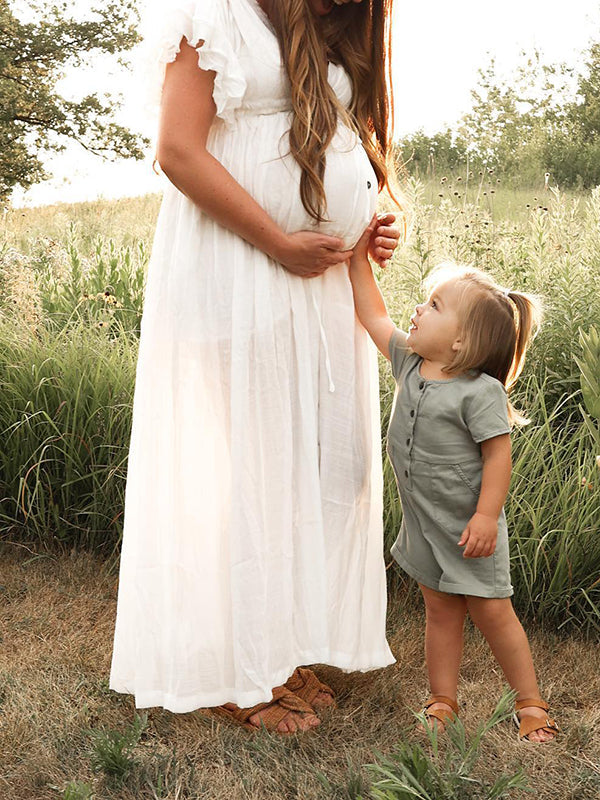 Momsmood White Deep V Neck Button Down Boho Beach Bikini Cover Up Dress Party Photoshoot Maternity Dress